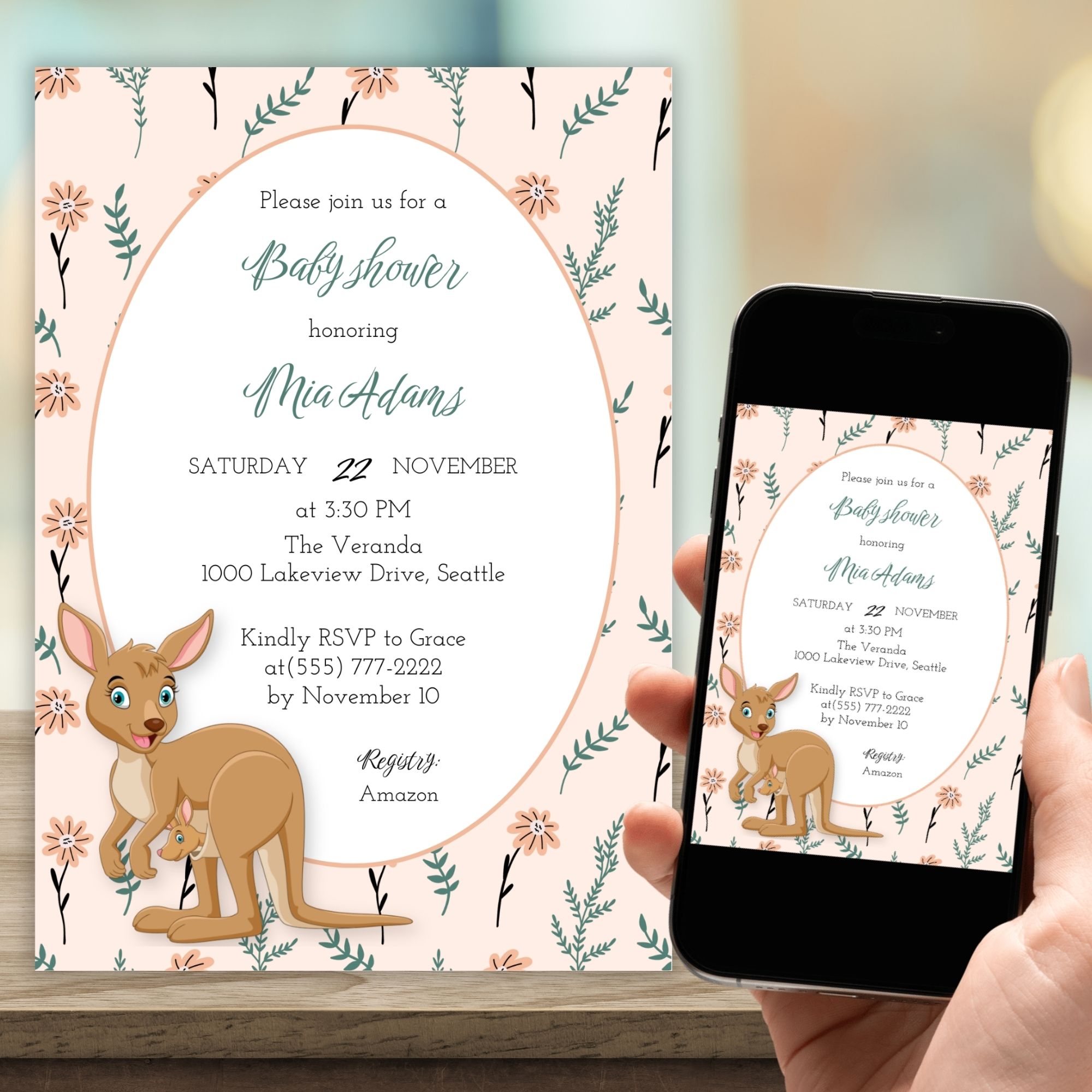 Kangaroo Cuddles Invitation Blush